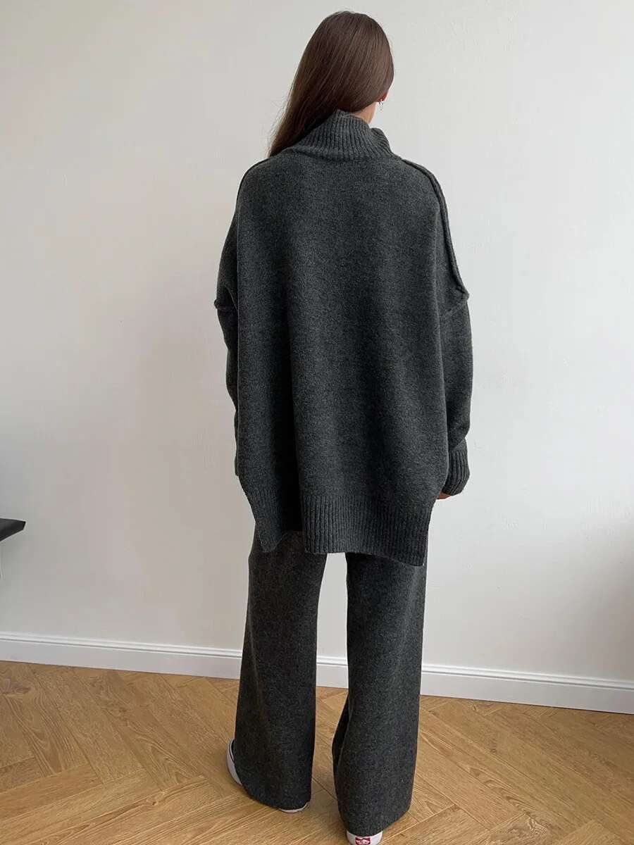 Turtleneck Sweater Knit Suit Women's Autumn spring New Loose Casual Lazy Knitted Pullover Top+ Long Pants 2 Pieces Set Outfits