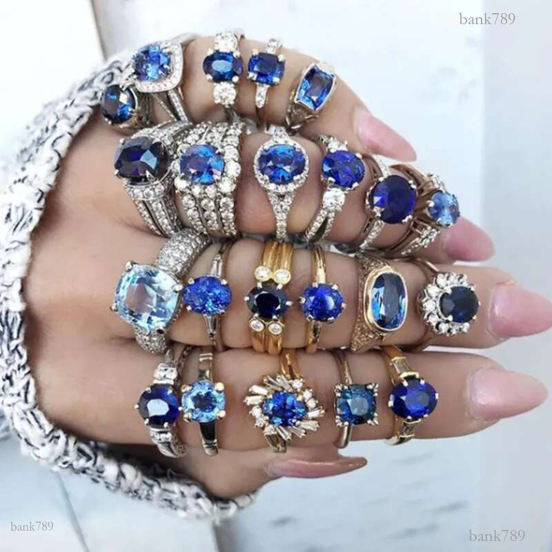 Big Blue Stone Ring Charm Jewelry Women CZ Wedding Promise Engagement Rings Ladies Accessories Gi