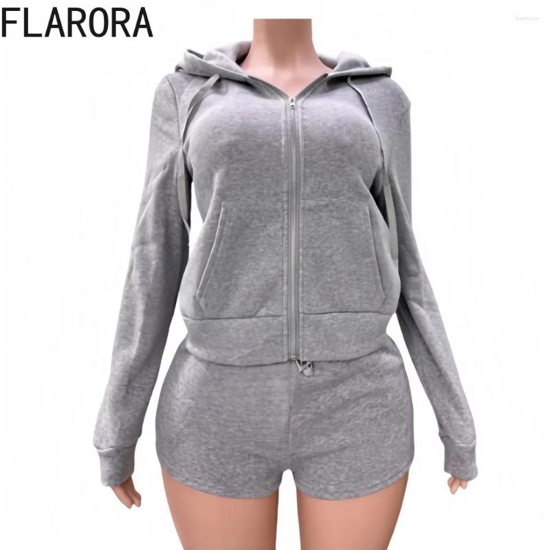 Womens Tracksuits FLARORA Casual Solid Hooded Zip Shorts Woman Long Sleeve Tops And Two Piece Set Female Street Sporty Outfits