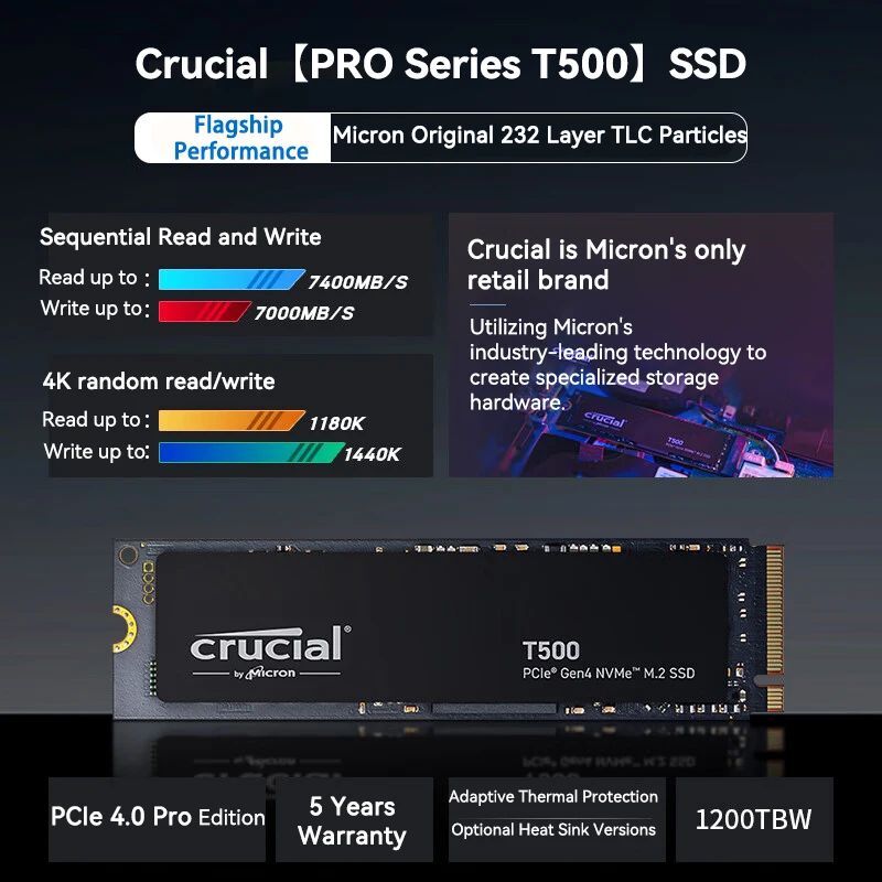 Original Crucial T500 Gen4 NVMe M.2 SSD Internal Gaming 500GB 1TB 2TB 4TB SSD Read Up to 7400MB/s for Laptop Desktop Compatible