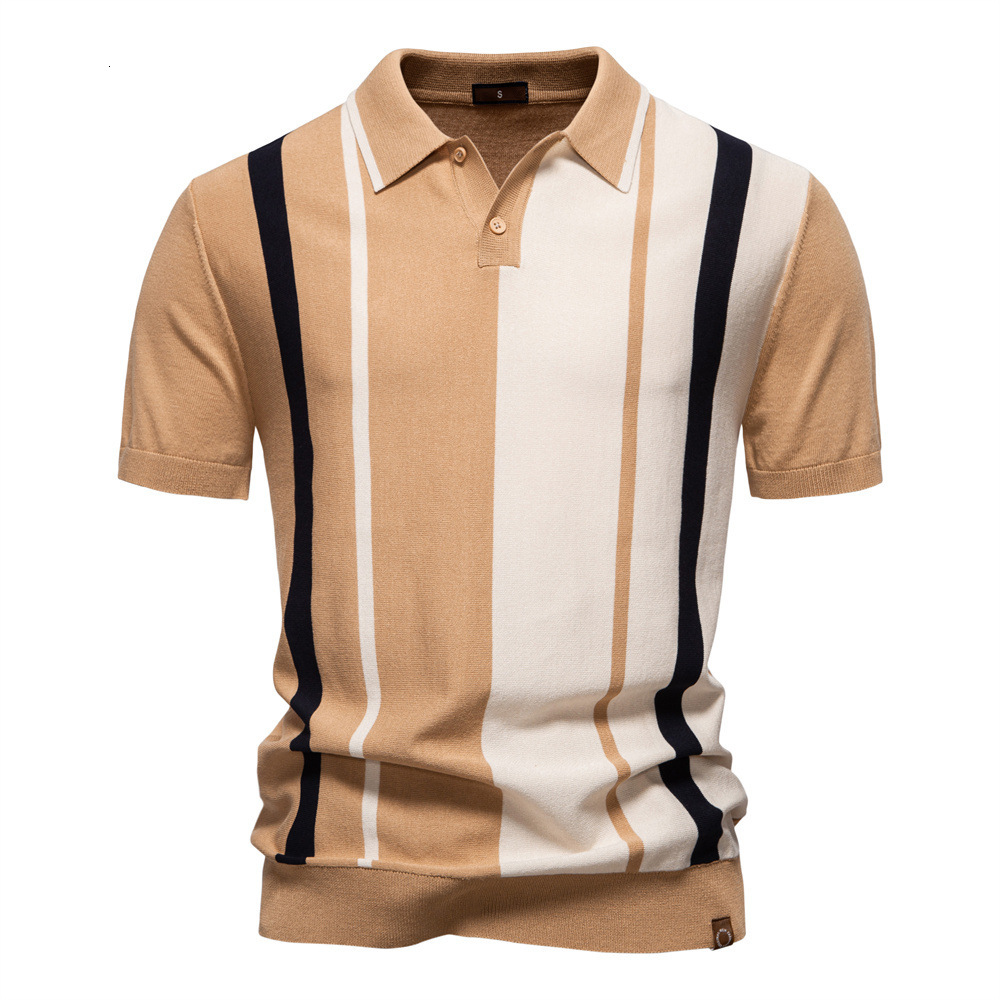2025 summer new men's lapel knitted striped patchwork European size short sleeved polo t shirt men tracksuit