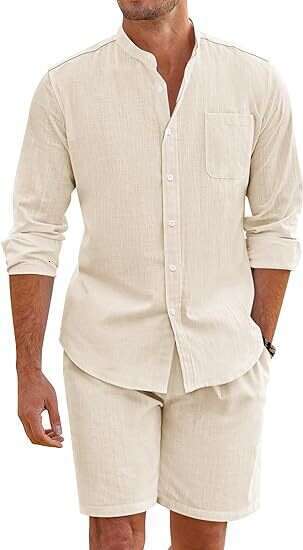 Men's summer two-piece cotton en comfortable button up shirt, long sleeved shorts, cardigan, simple casual beach wear, 2025 new style, chic and e