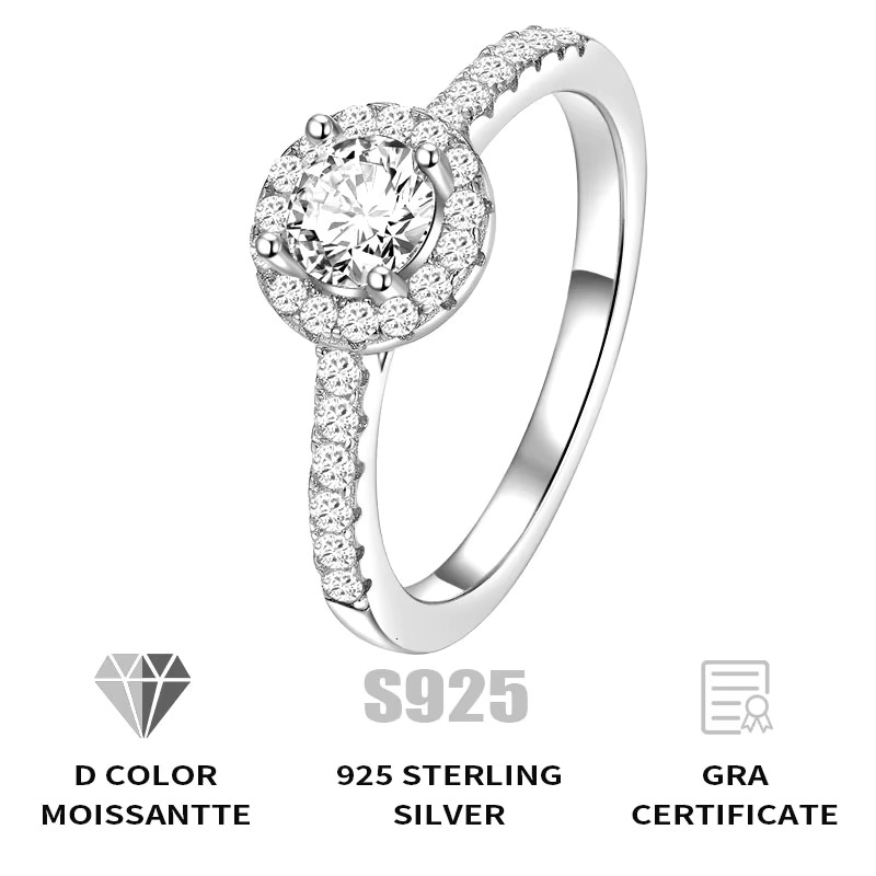 Luxury 925 Sterling 5mm Round Brilliant Cut Moissanite Diamond Ring Engagement Diamond Paved Halo Rings