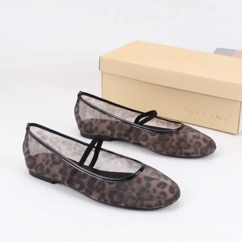 Leopard print mesh shoes women casual transparent ballet flats mary janes shoes Ladies round toe hollow out elegant Loafers 250312