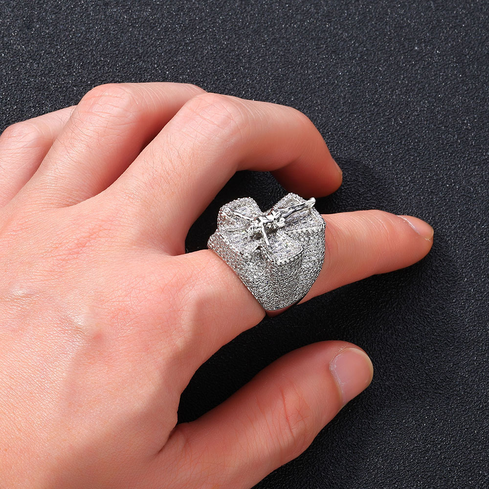 Hip Hop Vintage Hip Hop Casting Jesus Cross Rings Bling Full 5A Zircons Religion Jewelry Men Gift