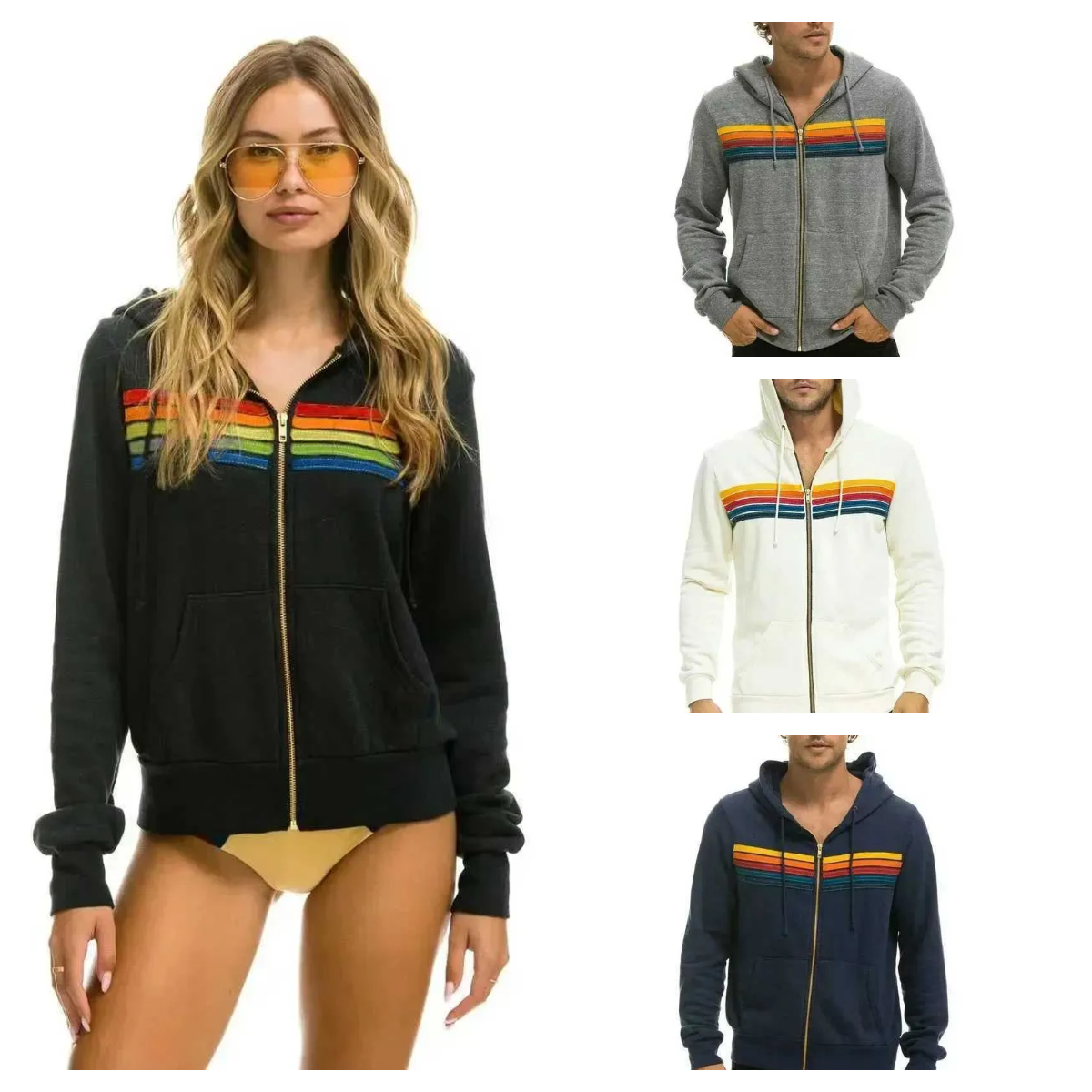 Trendy Long Sleeve Unisex Hooded Sweater Colorful Rainbow Stripes Casual Fit with a Zippered Front Unisex Womens New Nation Long Sleeve Hooded Sweatshirts