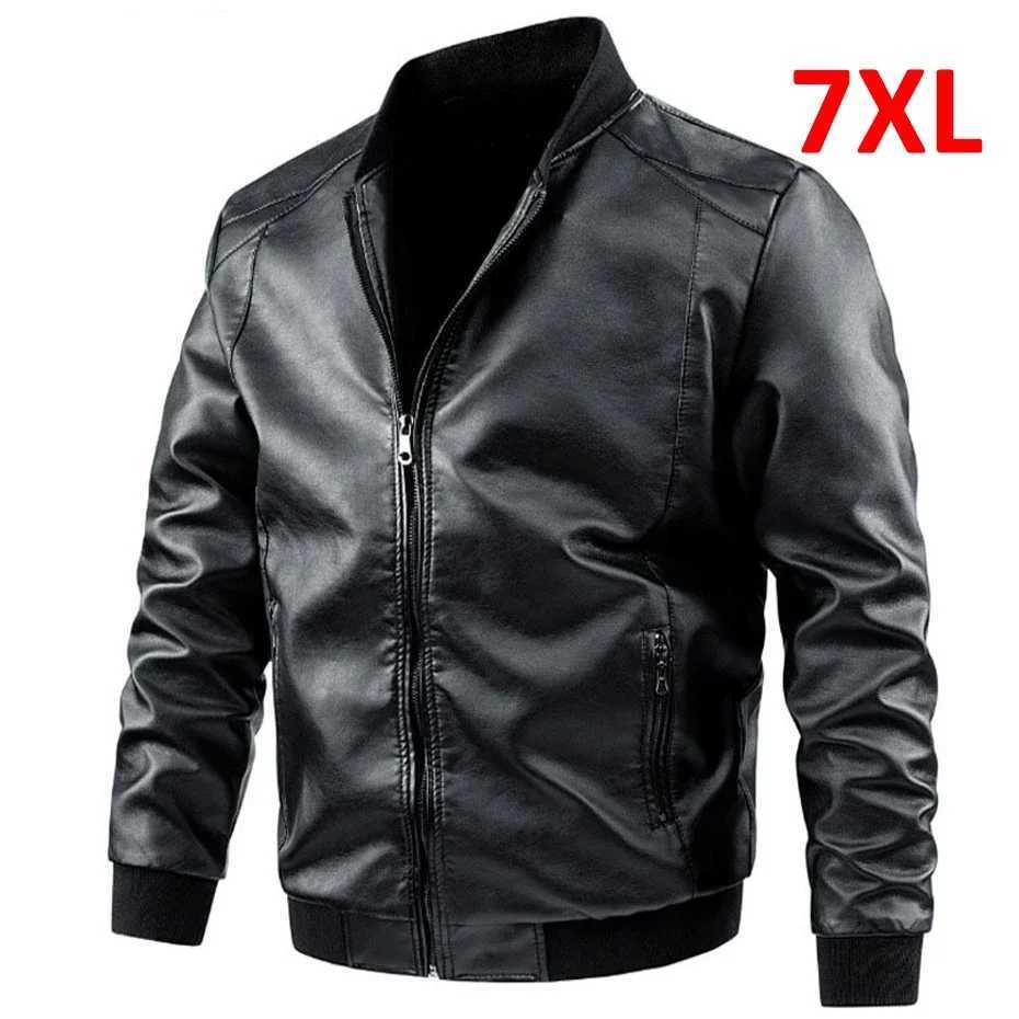 Plus Size 6XL 7XL PU Jacket Men Faux Leather Coat Casual Motorcycle Biker Coat Solid Color Leather Jackets Male Big Size 6XL 7XLT250311