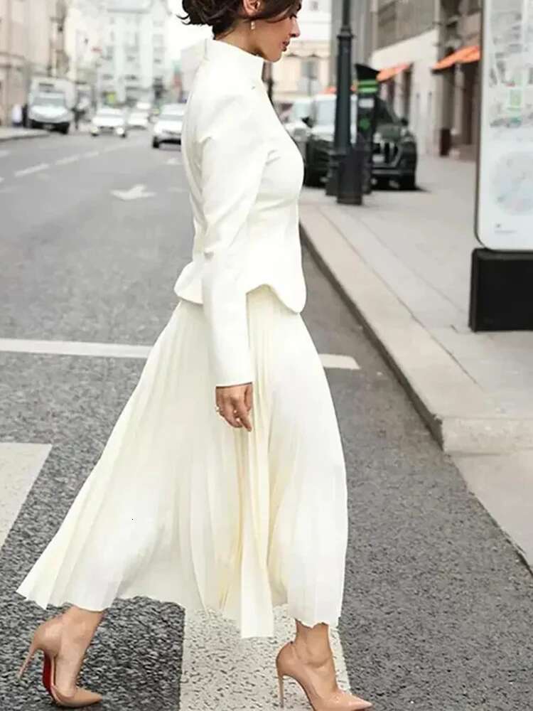 TWOTWINSTYLE Solid Two Piece For Women Stand Collar Long Sleeve Spliced Button Tops High Waist Skirt Chic Set Female Fashion