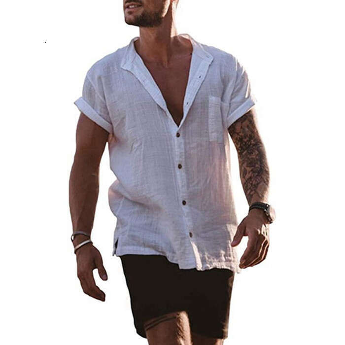 summer solid color cotton and en cardigan loose short sleeved pocket simple casual shirt men's 2025 temperament versatile new trend clothing ins