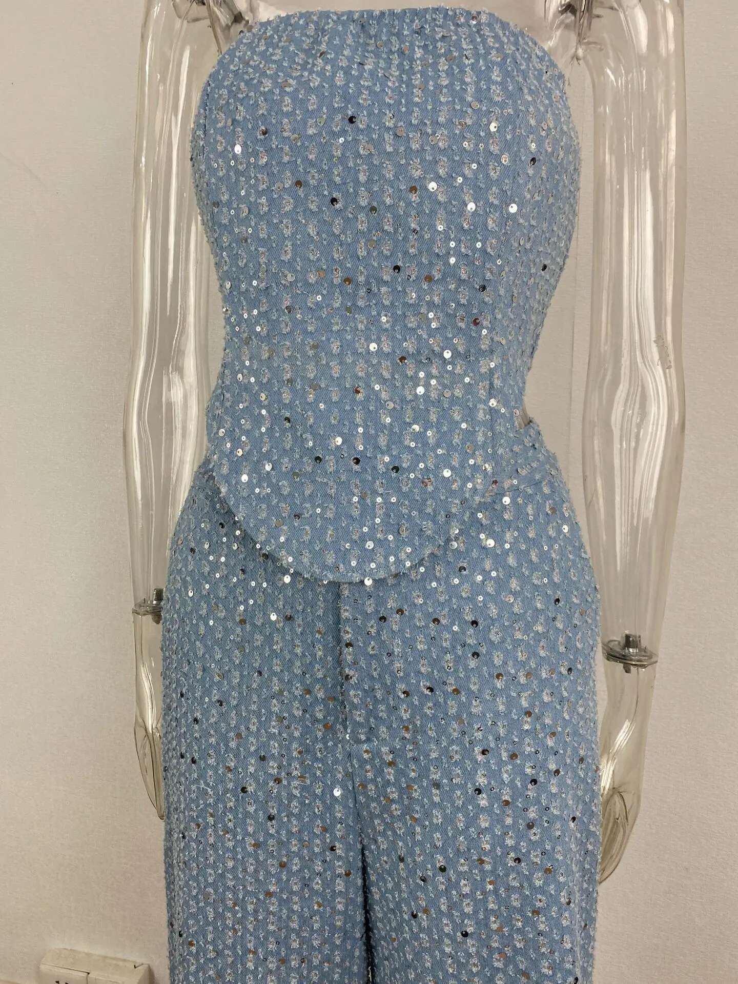 Fashion Sequins Denim Set Women Strapless Tunic Waist Crop Top And Wide Leg Pant Suit fashion New 2 Piece Sets Outfits Tracksuit