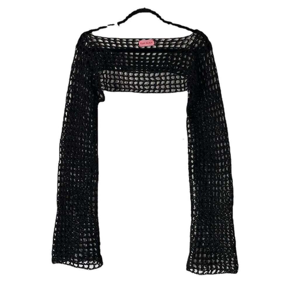 Autumn Hand Hook Sweater Women's Ultra Short Horn Sleeve Sexy Mesh Hoodie Trend 2025 New Casual Fashion Trendy Clothing