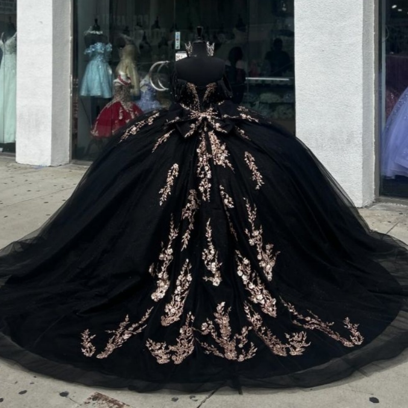 Black Shiny Princess Ball Gown Quinceanera Dresses Sequined Gold Lace Appliques Crystals Beads Birthday Party Sweet 16 Dress Vestidos De 15 Anos