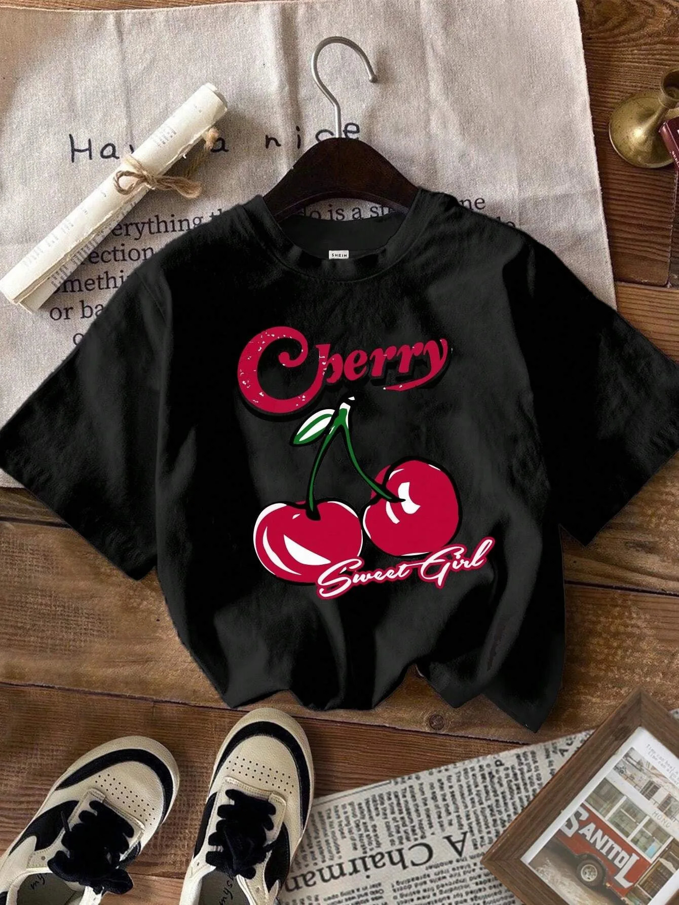 Korean Style Simple Fruit Cherry Print Cotton T Shirt For Kids Adults Trendy Street Harajuku Tees Daily Girls Summer Sweatshirts 250311