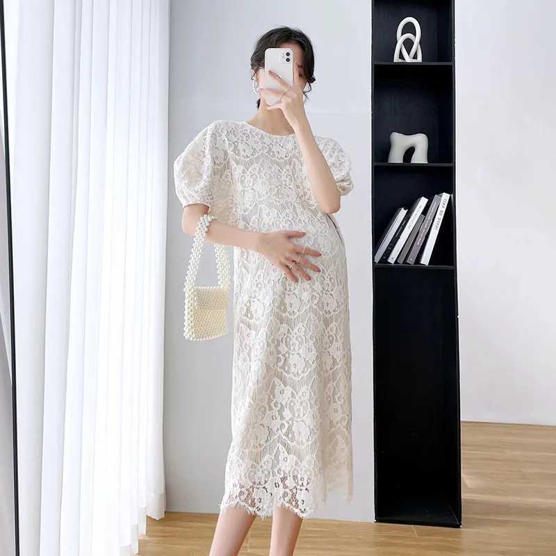 2024 Summer Maternity Lace Dress Sweet Button Fly Good Quality Pregnant Woman Wedding Dress Elegant Pregnancy Party Dress CuteT250311