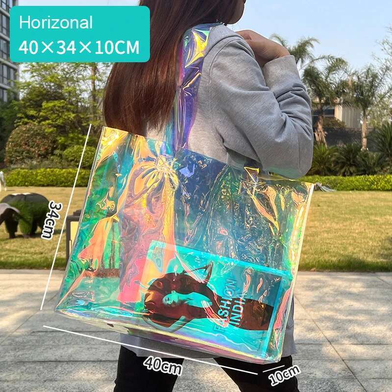 Iridescent Custom Pattern Holographic Transparent Waterproof Shoulder Tote Jelly Hand Carrying Gift Bag PVC Plastic