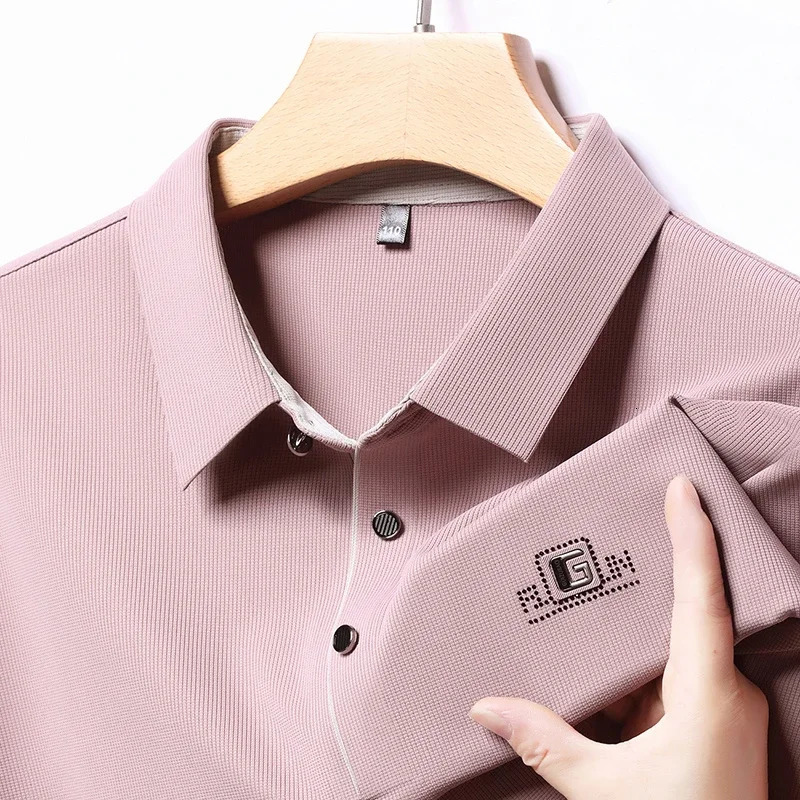 mens business casual long sleeved shirt with badge solid color polo fashionable breathable and comfortable lapel top 250312