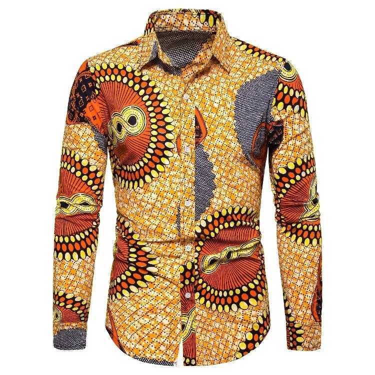 African Traditional Print Mens Shirts Casual Single-Breasted Blouses Long Sleeve Shirt Streetwear Trend Lapel Tops Mens Clothing W250312