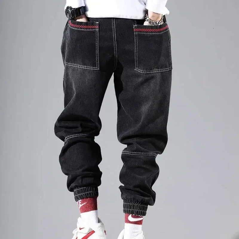 S5XL mens pocket jeans autumnwinter fashionable loose cargo casual Korean slim leg hiphop pants blue 250311