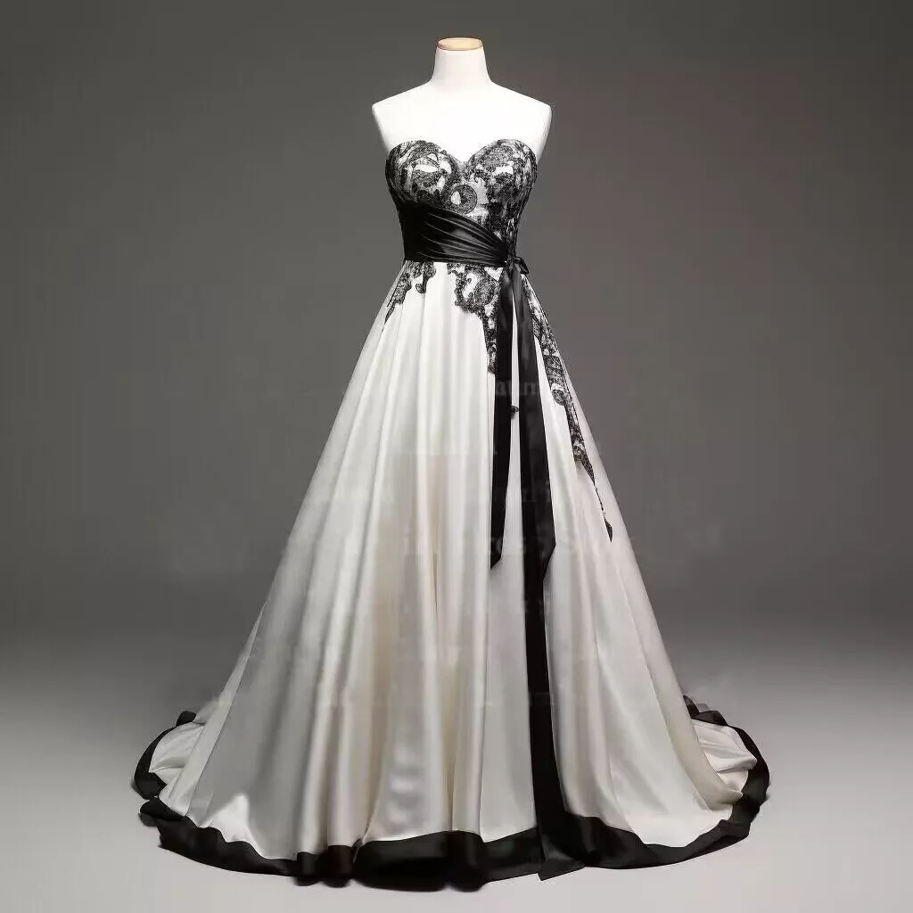Gothic Black And White Wedding Dresses Sweetheart Neckline Sleeveless Satin Long Retro Bridal Gown Lace Appliques Back Lace-Up A-Line Vintage Vestido 