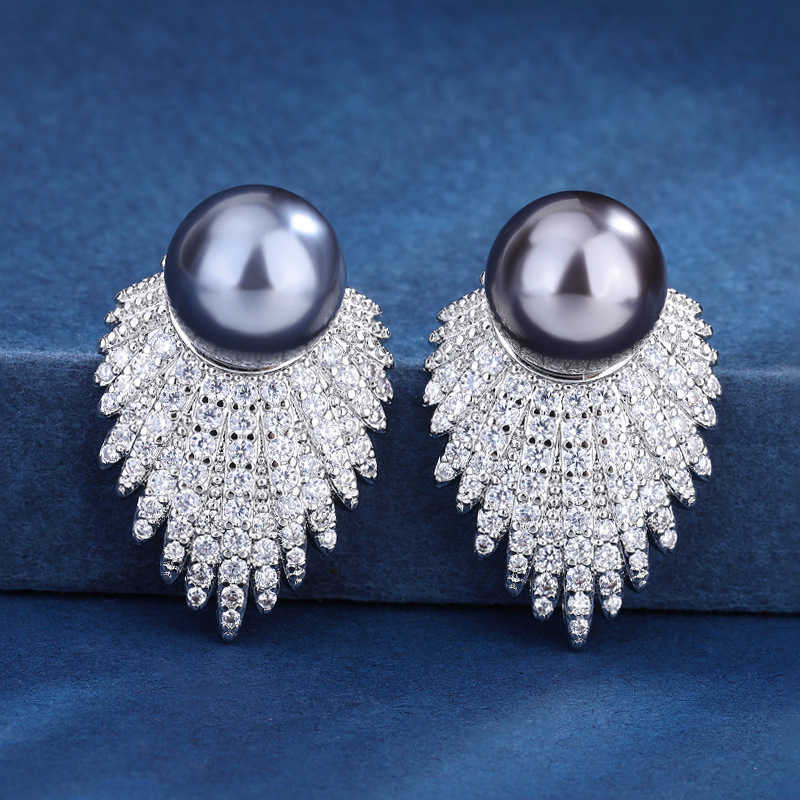 Huabi copper bottom gold-plated inlaid with mother of pearl Korean version fashionable gray pearl set 12mm W250312