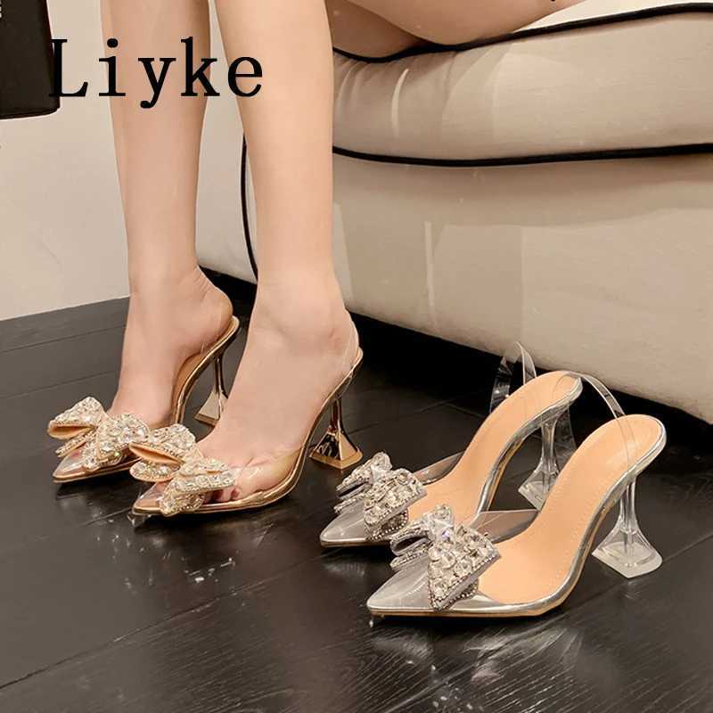 Liyke 2025 New Sier Crystal Bowknot Wen Hot Pumps High New H Transparent Sandals Sexy Pointed Toe Wedding Banquet Shoes Size 41 Z250311