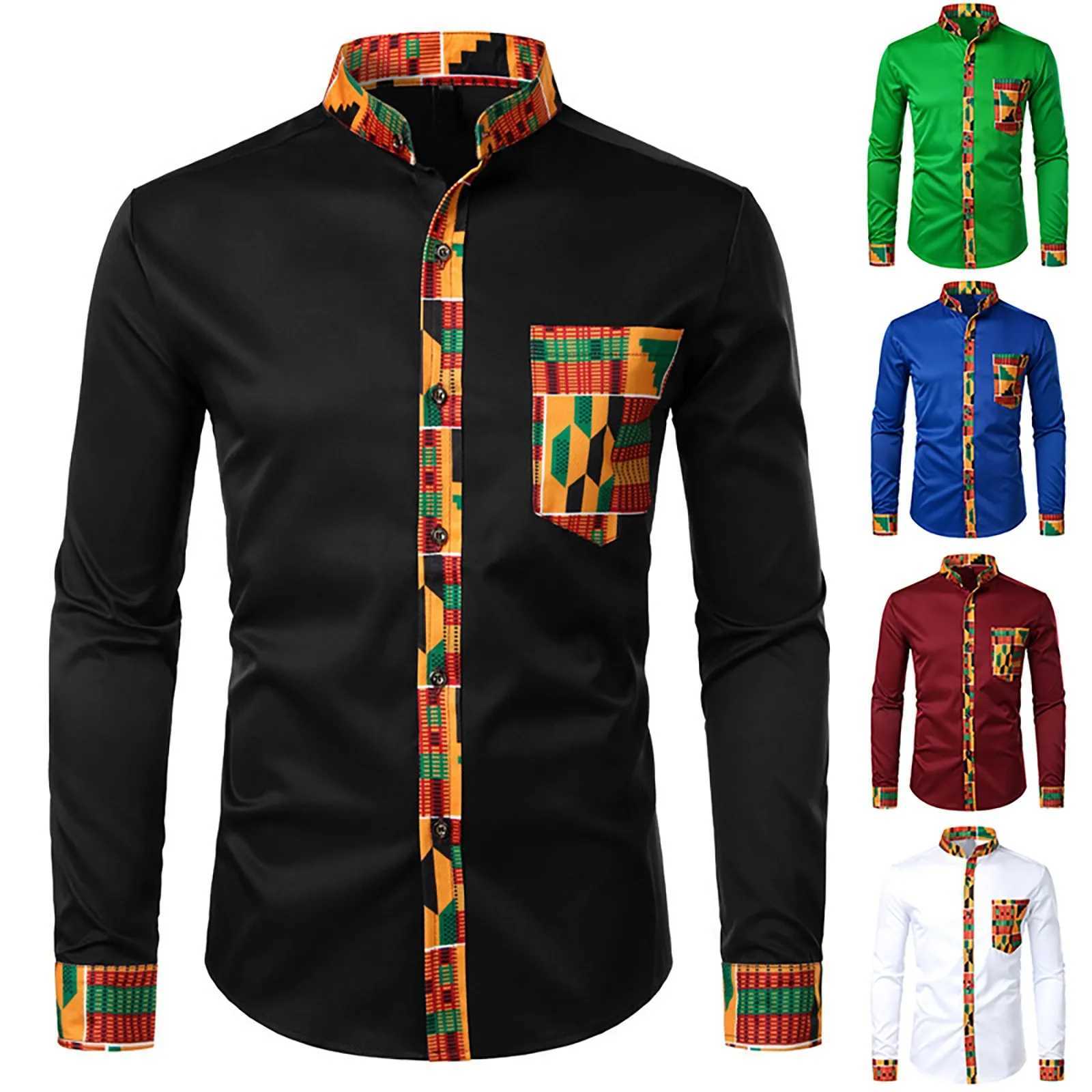 Mens shirt mens African long sleeved printed patch work design button top seaside vacation casual plus size W250312