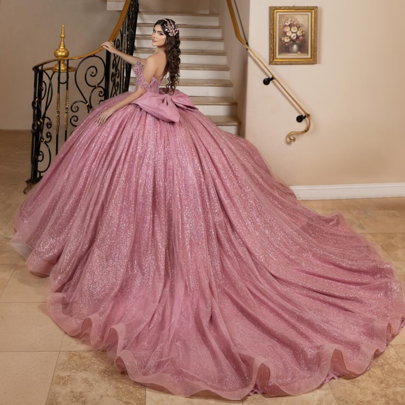 Pink Shiny Quinceanera Dresses Ball Gown Off The Shoulder Beading Crystal Bow Tull Party Birthday Sweet 16 Dress Vestidos 15 Anos