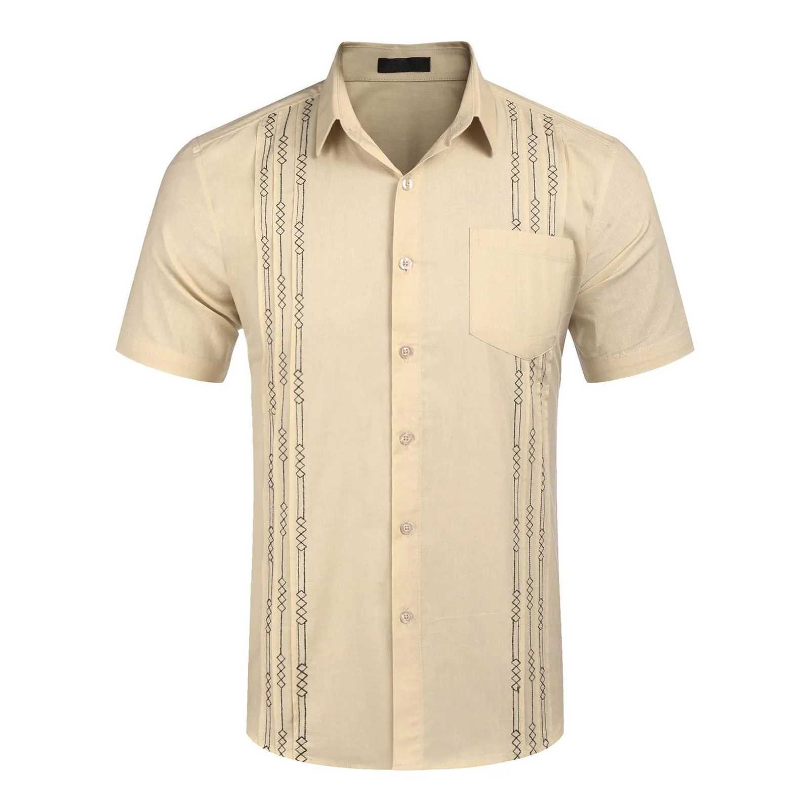 Mens short sleeved linen shirt Cuban beach top pocket Guayabera summer dress W250312