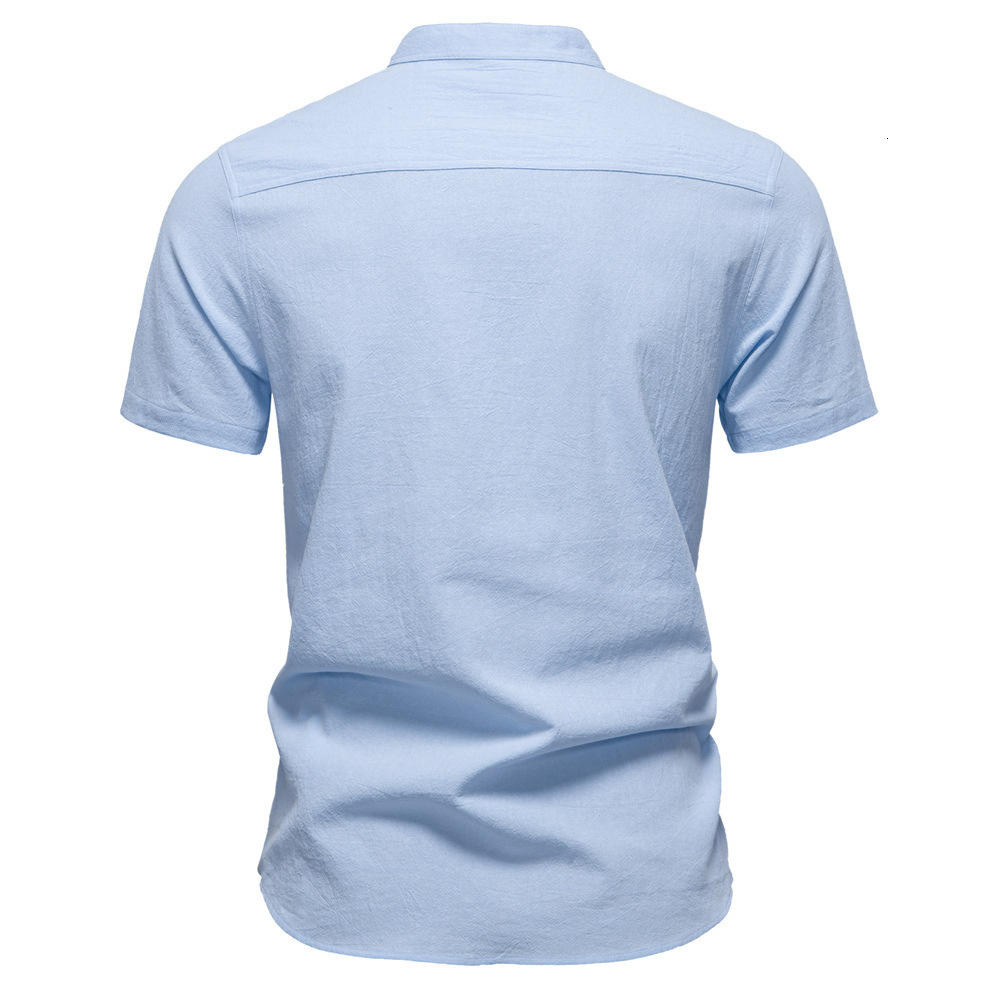2025 summer new business casual men's short sleeved linen stand collar cotton t shirt tracksuit