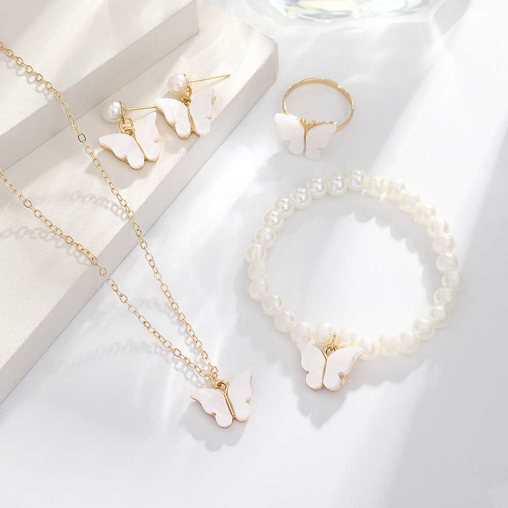 Drip Oil Butterfly Jewelry Set French Pearl Bracelet Popular Necklace Earrings Ring Accessories W250312