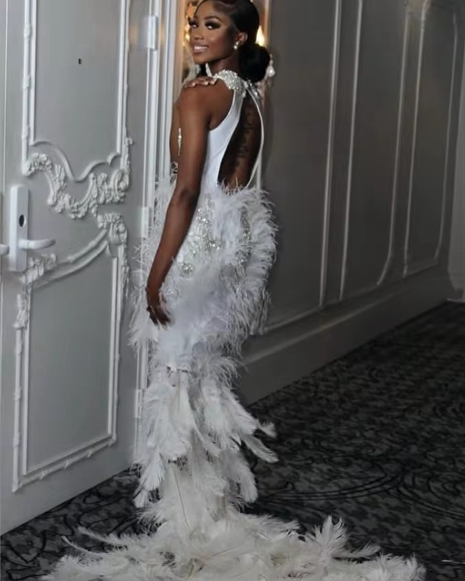 Customized Sparkg Diamante Feather Mermaid Prom Dresses New 2025 Sexy Backless Black Girls Evening Gowns