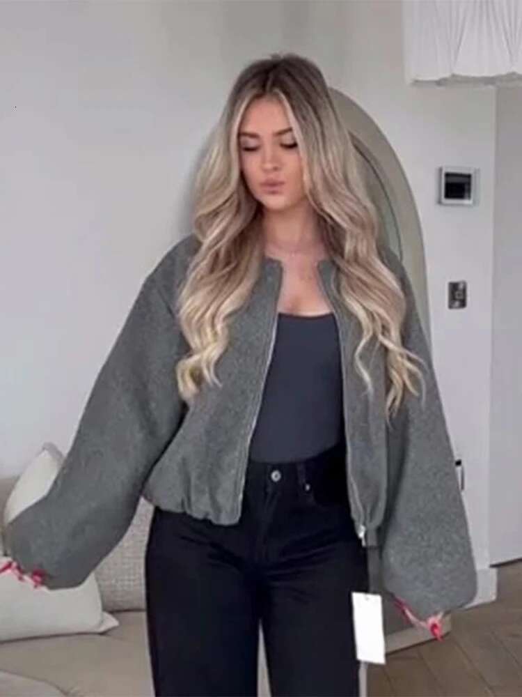 Fashion Solid Zipper Woolen Coat Women Long Sleeve O Neck Lady Bomber Jacket Autumn Warm Pocket Female Street Chic Short Outwear