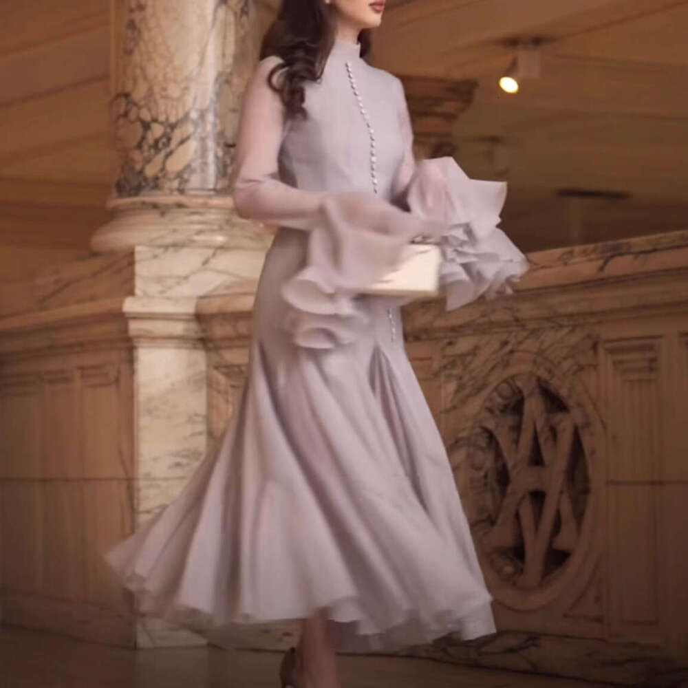 French Elegant Flower Bud Lotus Leaf Edge Skirt For Women's Spring New Style Trumpet Sleeve High-End Mesh Dress