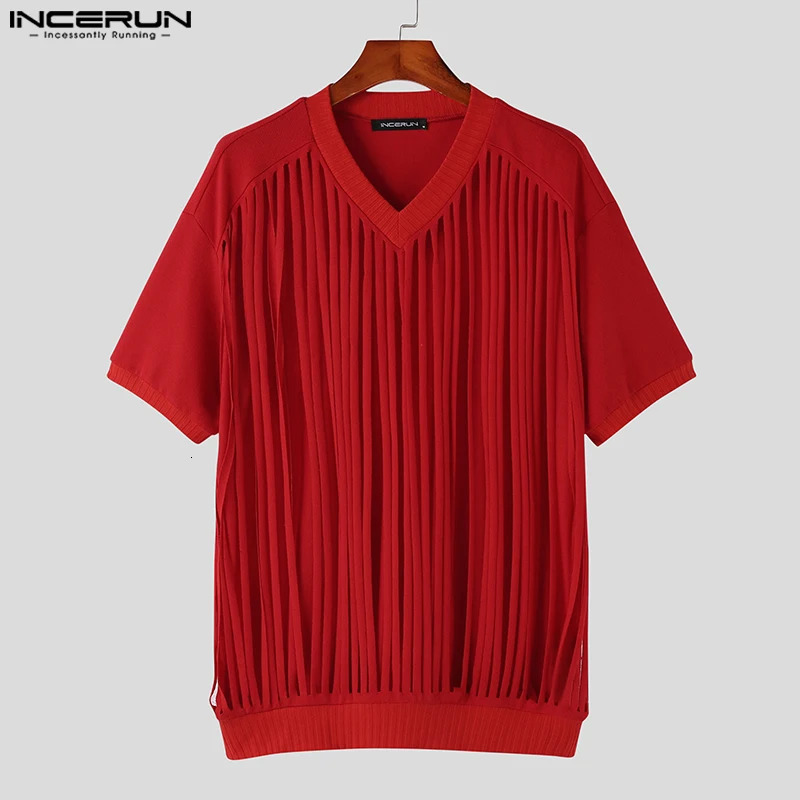 Fashion casual style top INCERUN mens short sleeved knitted Vneck printed Tshirt sexy and comfortable selling hollow vest 250312