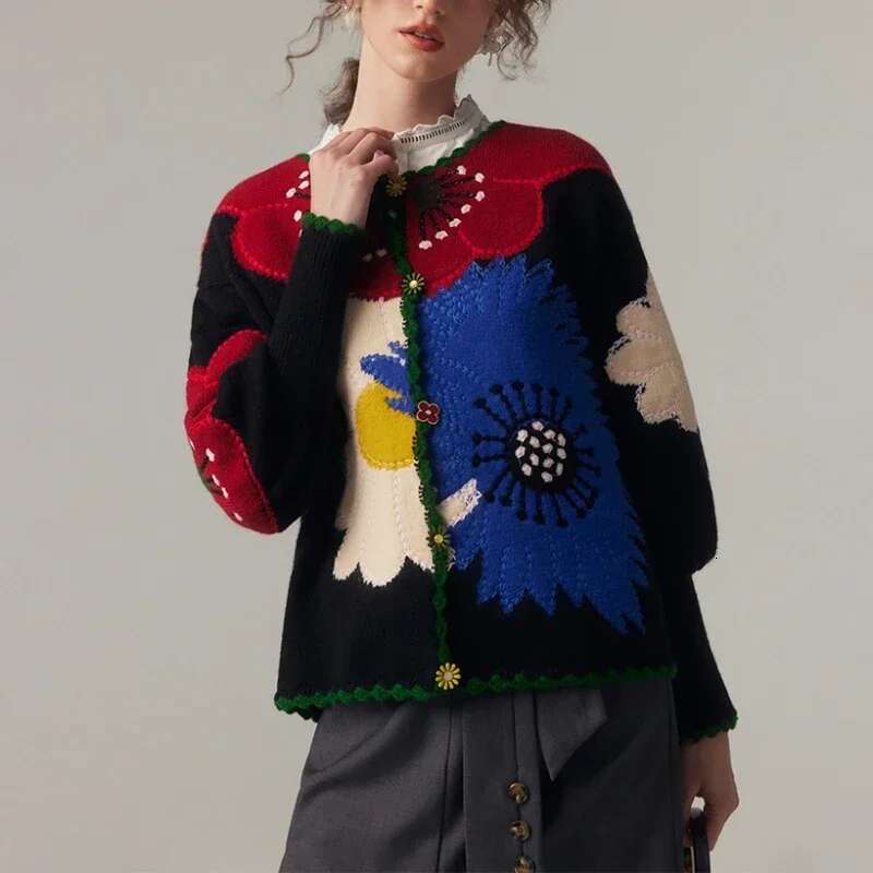Vintage Wer Embroidery Knitted Top High Quality Women Cardigan Fashion Trends Autumn/Winter New In Chic Sweater Coat
