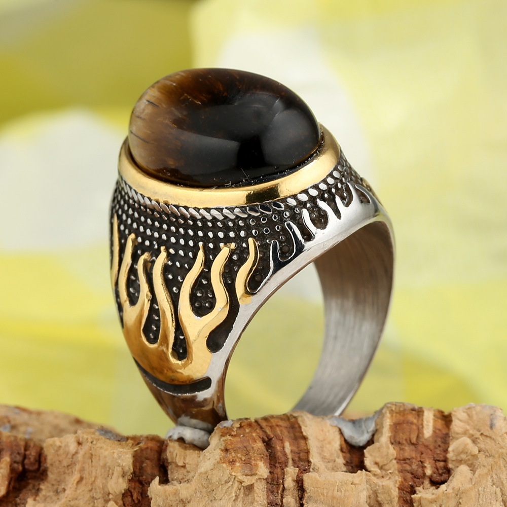 Hip Hop Vintage Big Stone Inlay Casting Ring Stainless Steel Gold Plated Mens Jewelry