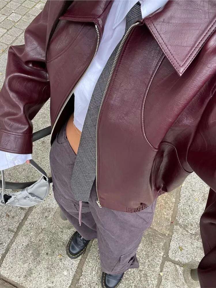 Breasted Pocket PU Jacket Lapel Maillard Women Motorcycle Leather Coat Vintage Spring Autumn Commute Short Overcoat Top