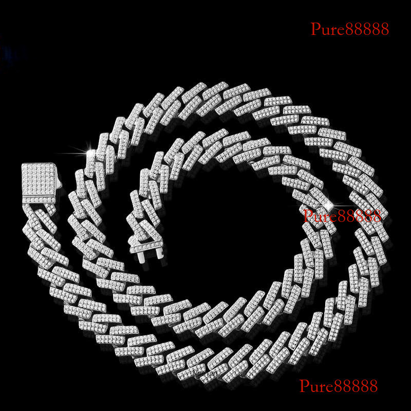 NeeTim 14mm Full Moissanite Cuban Necklaces for Men Women Sterg Sier with White Gold Plated Neck Chain Hip Hop Jewelry