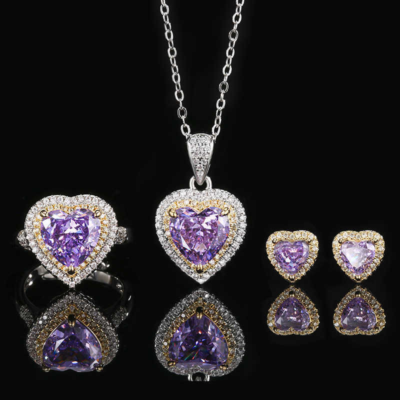 Autumn and Winter New Zhuangsheng High Carbon Diamond Ice Flower Cut Purple Diamond Copper Inlaid Heart Set 10 * 10-6 * 6 W250312