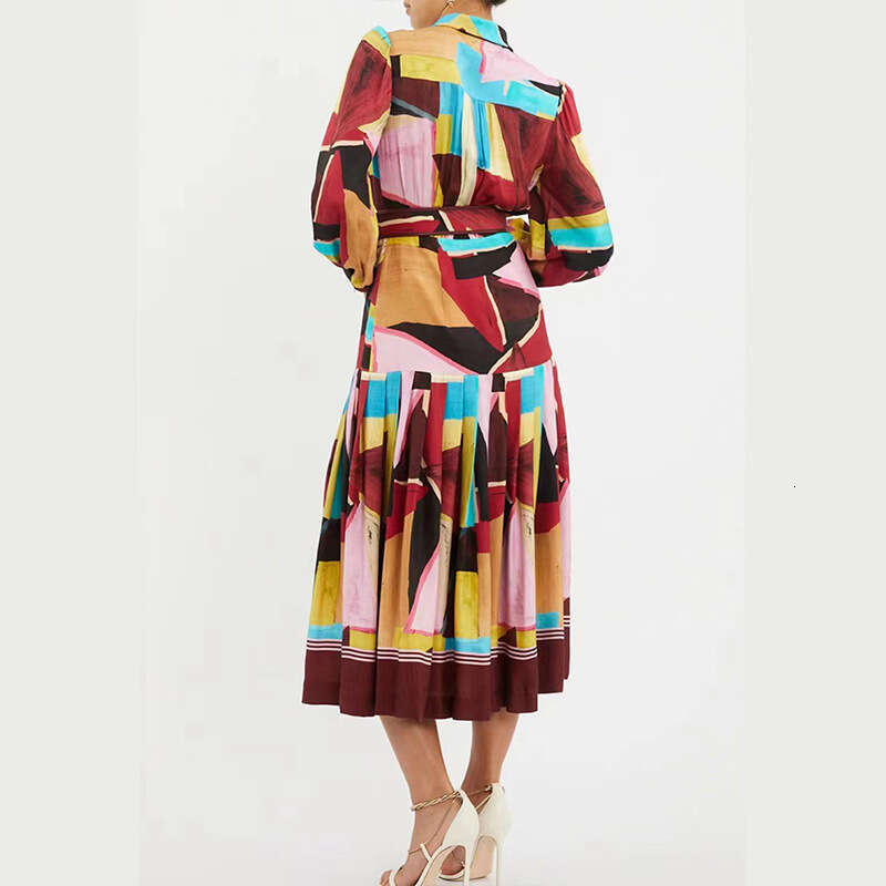2023 Australian Autumn And Winter New Bow Tie With Belt, Waist Cinching Geometric Print Dress, Long Skirt