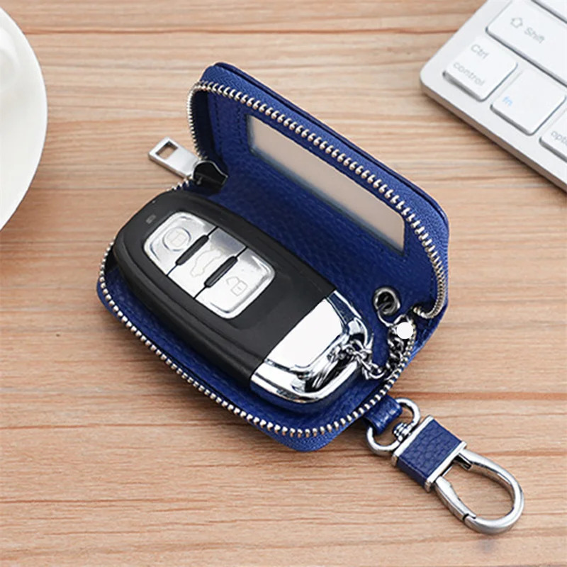 Car key bag Lychee pattern top layer denim key bag PU leather keychain large capacity neutral key bag 250311