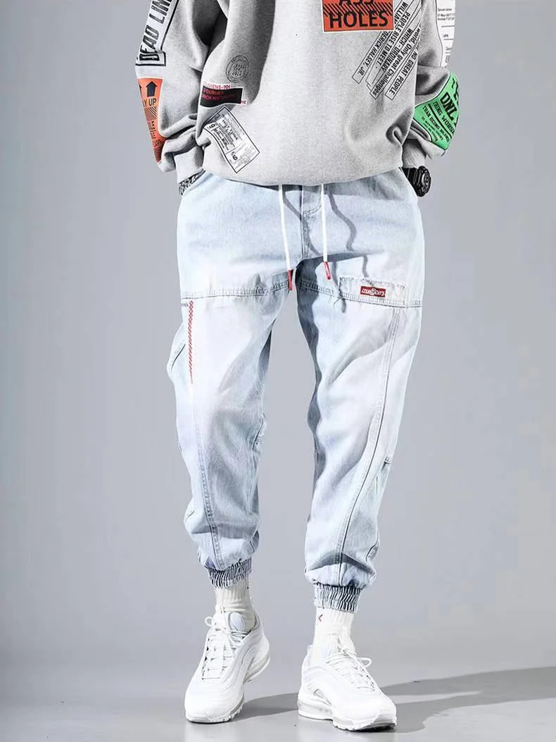 S5XL mens pocket jeans autumnwinter fashionable loose cargo casual Korean slim leg hiphop pants blue 250311