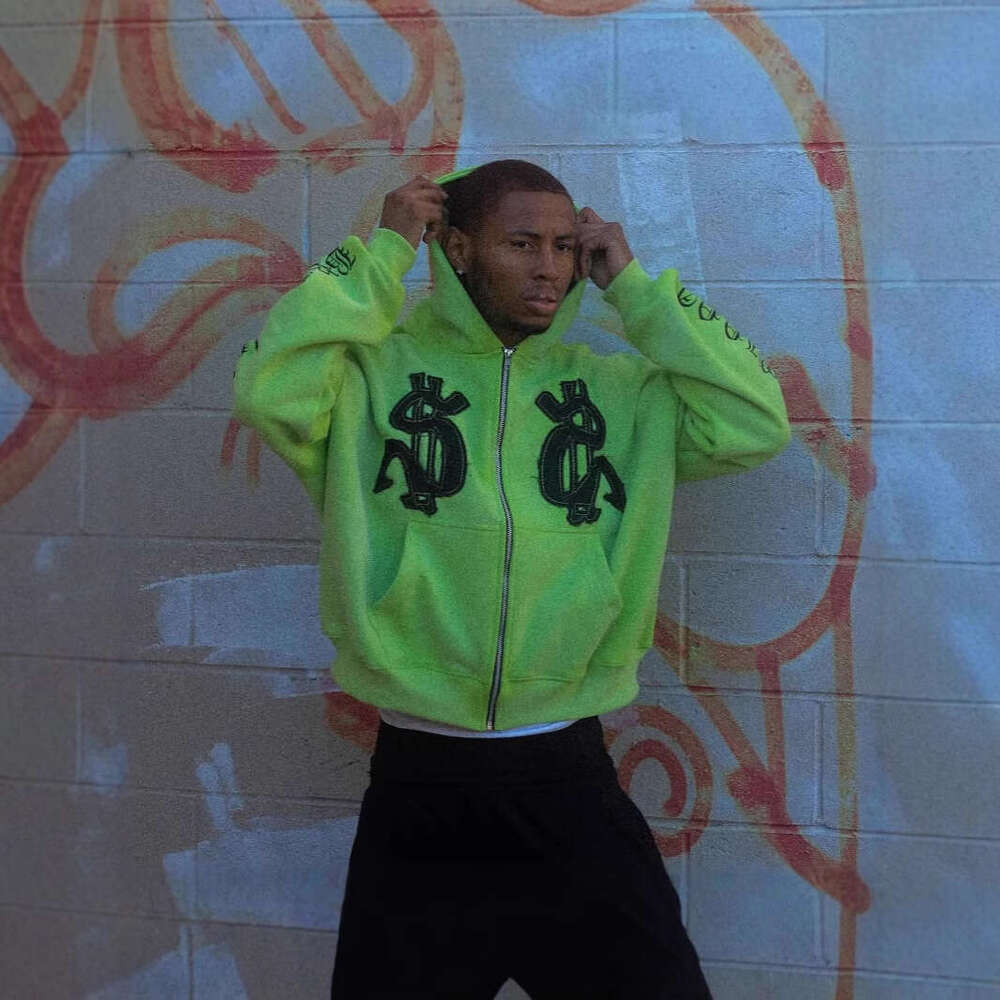 American casual hip-hop zipper jacket, street printed hoodie, personalized fashion trend, green