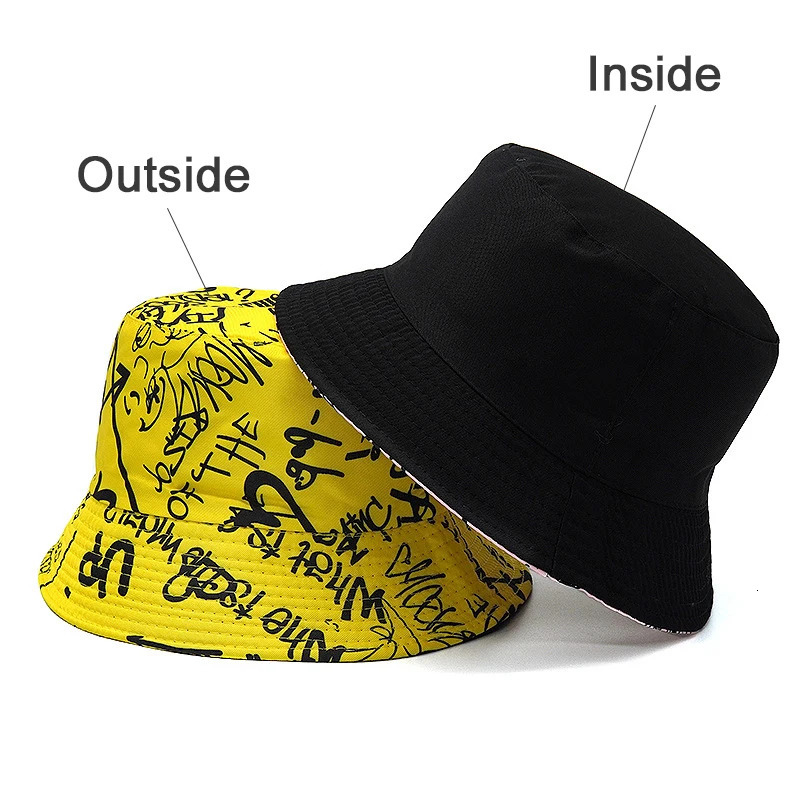 Bocca Letter Graffiti Bucket Hat Double Sides Reversible Panama Fisherman Hats Men Women Outdoor Sun Cap Fashion 2023 Style 250304