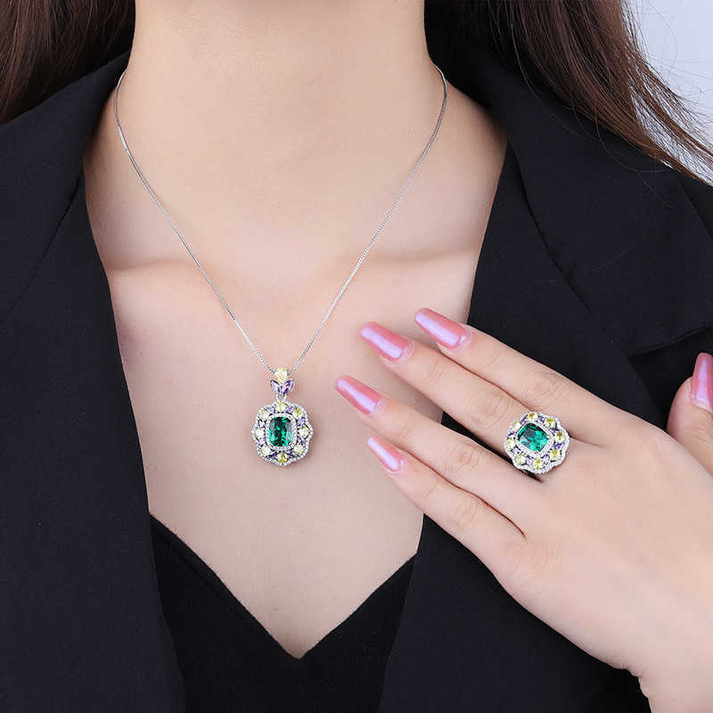 Zhuang Shengsheng Copper Bottom Gold Plated Simulated Grandmother Green Set Creative Full Diamond Luxury Set Main Stone 8 * 12 W250312