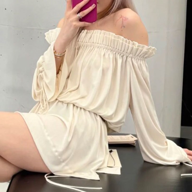 Women's Off-Shoulder Mini Tie-Waist Dress Fashion Long Sleeve Pleated Waist-Defining Solid Color Trendy Sexy Early Spring Luxury Designer High-Qu