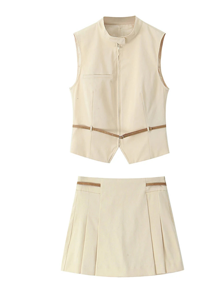 Fashion leather strap womens skiing set casual sleeveless Oneck zipper top waist pleat mini office 250312