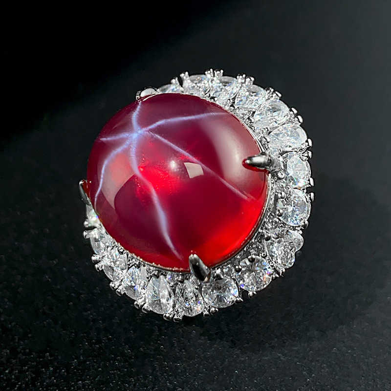 Explosive Zhuang Shengsheng Ice Seed Fluorescent Dan Shape Simulation Red Corundum Hexagram Starlight Set Main Stone 18 * 20 W250312