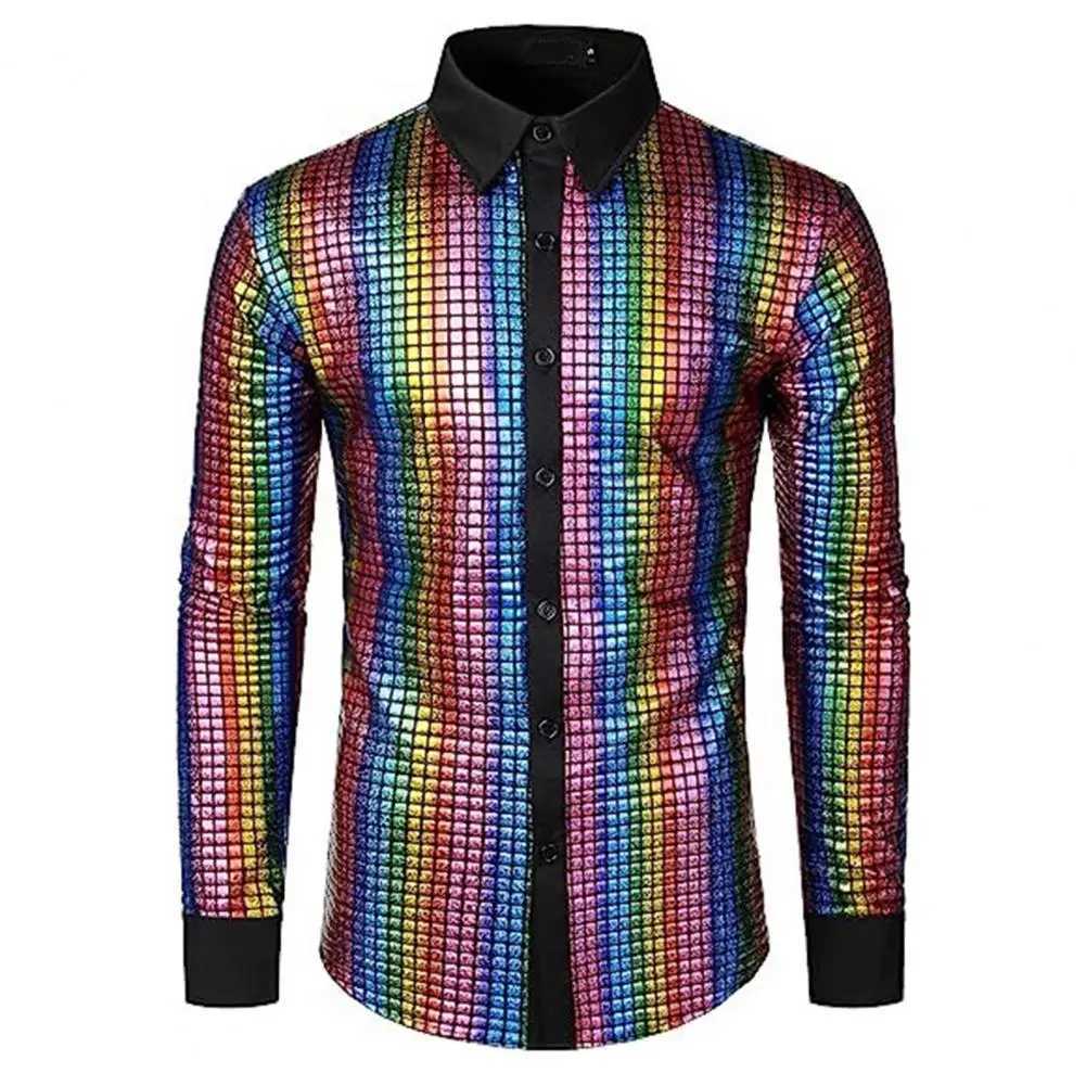 Club dance mens shirt mens disco shirt sequined stand up collar mens club dance stage performance shirt shiny smooth long sleeved W250312