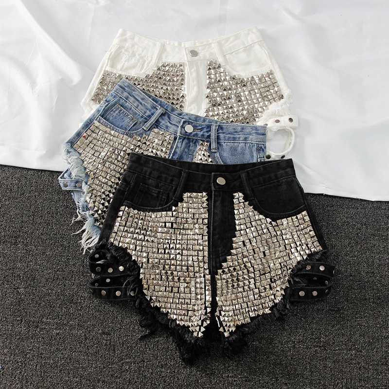 Punk Rivet Denim Shorts 2022 Summer Spring Womens High Waist Loose Tassel Denim Shorts Black/Blue/White Perforated Shorts KZ388 X250312